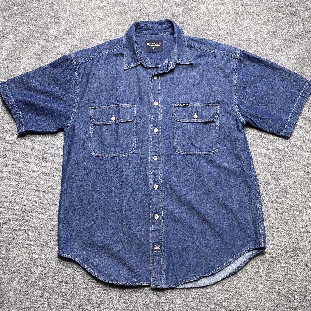 Oxygen Jeans Company Denim Shirt Men Medium Blue Short Sleeve Button Down Pocket